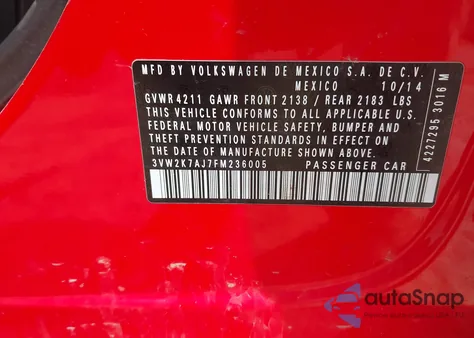 2015 Volkswagen Jetta 2.0L S from USA, damaged, VIN 3VW2K7AJ7FM236005